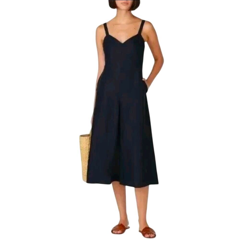 Club Monaco Linen Blend V Neck Wide Leg Sleeveless Jumpsuit Black 2
